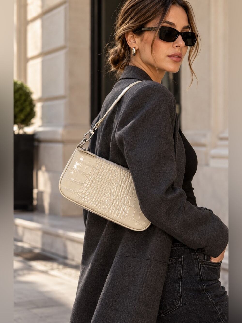 BY FAR Rachel Cream Croc Embossed Leather Shoulder Bag NWT